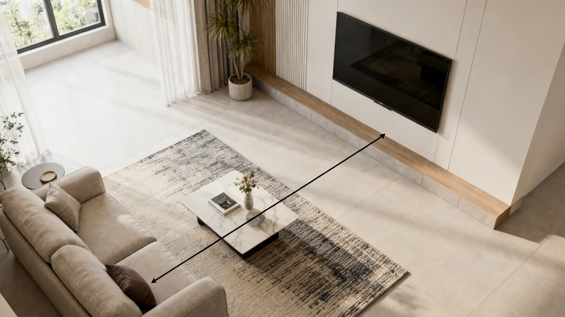 Top-down room layout showing seating distance to the TV wall to illustrate how to measure viewing distance