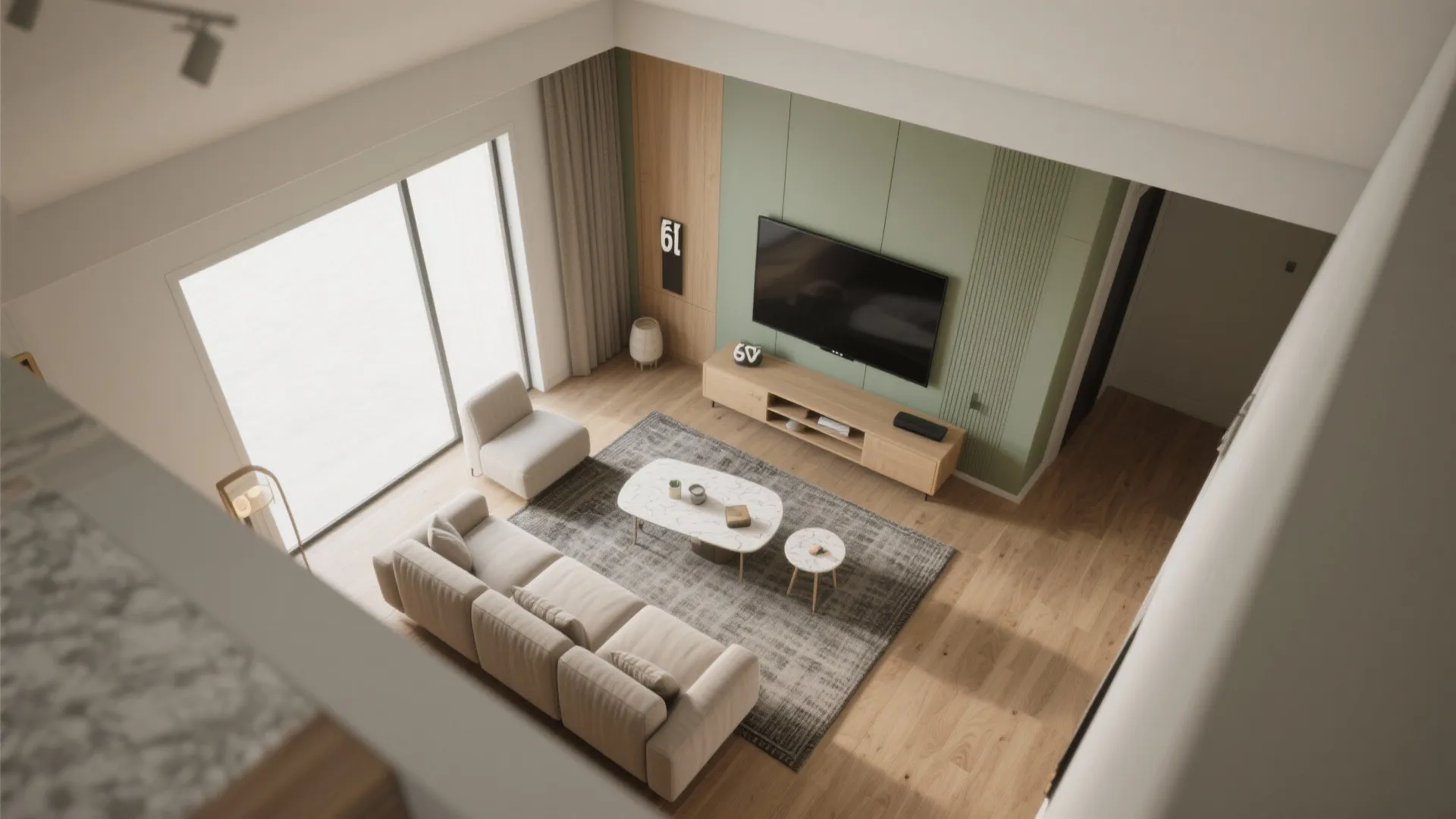Modern high angle living room with green wall wooden cabinet beige sofa and grey carpet rug