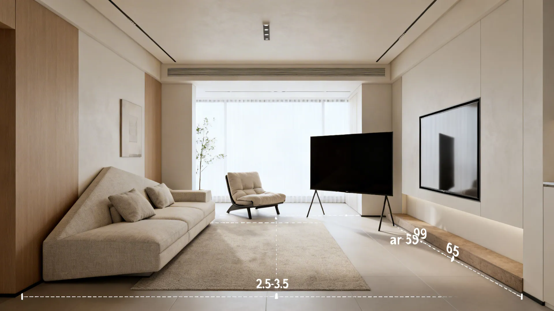 Angled sofa and lounge chair forming a viewing triangle toward a 65-inch TV in a compact living room.