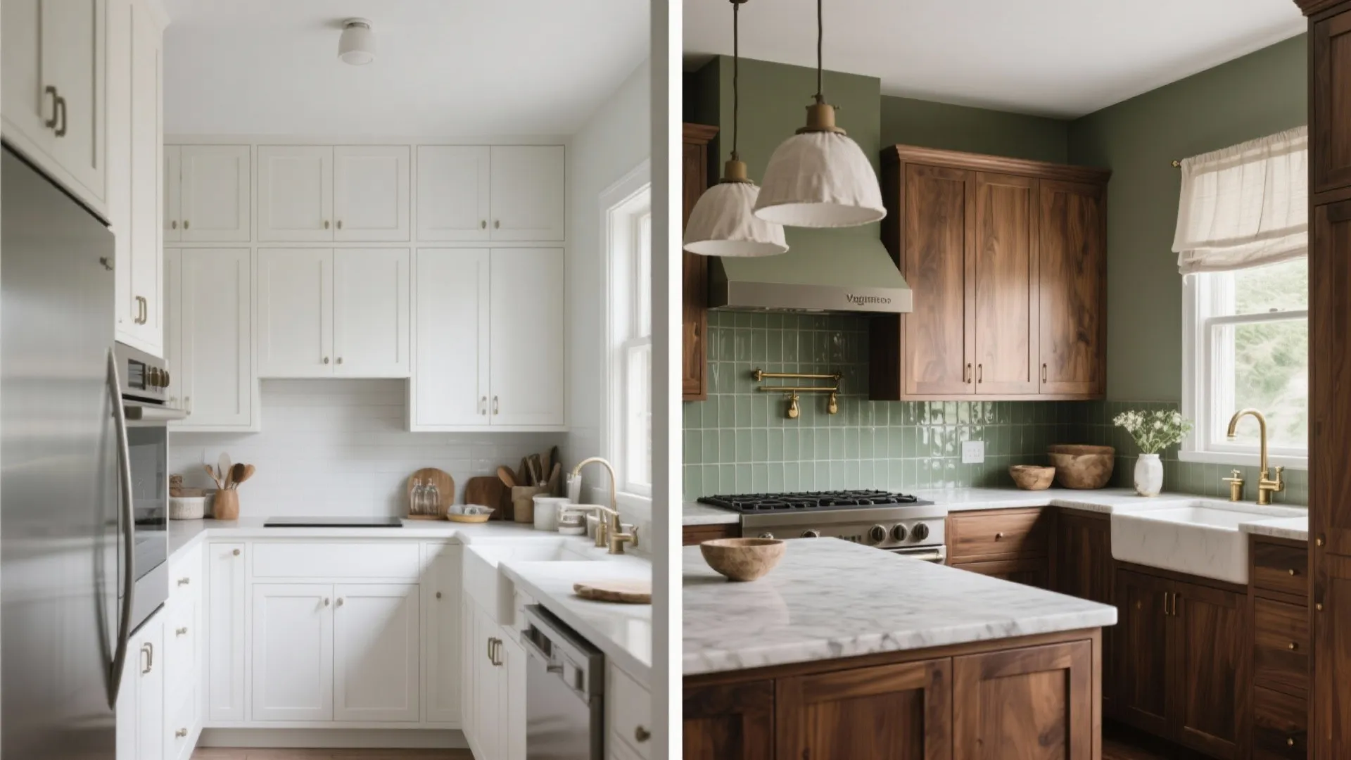 Before-and-after comparison of a white minimalist kitchen versus a warm wood and green tile kitchen