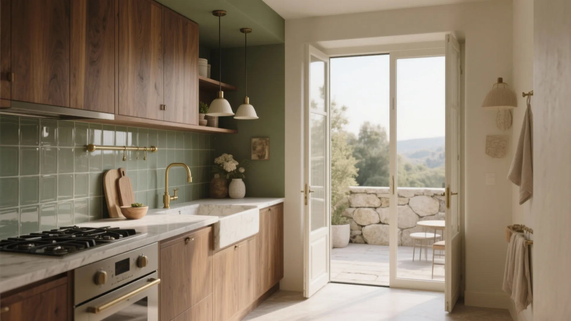 Modern rustic kitchen with wood cabinets, green wall tiles, marble sink, and open terrace doors