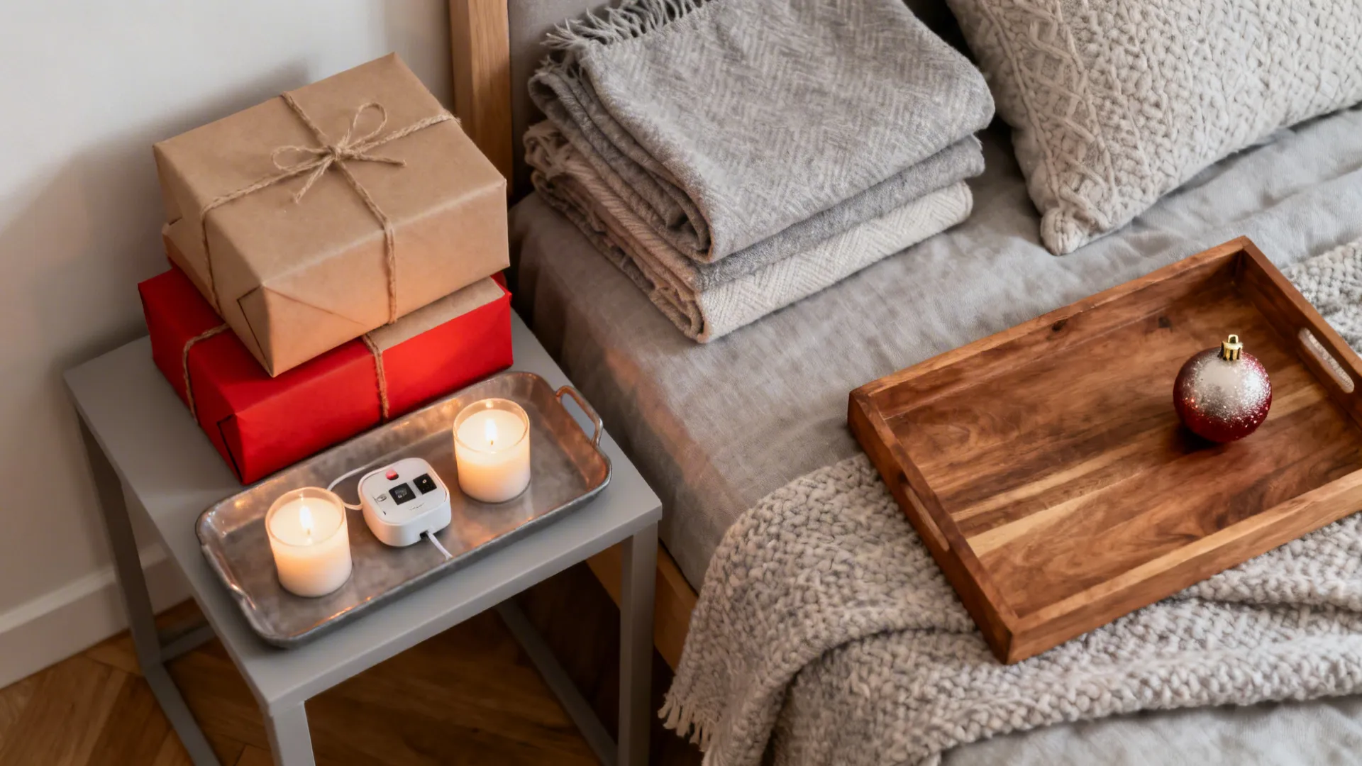 Curated vignette with wrapped boxes, tray of battery candles, and ornament on a corner table