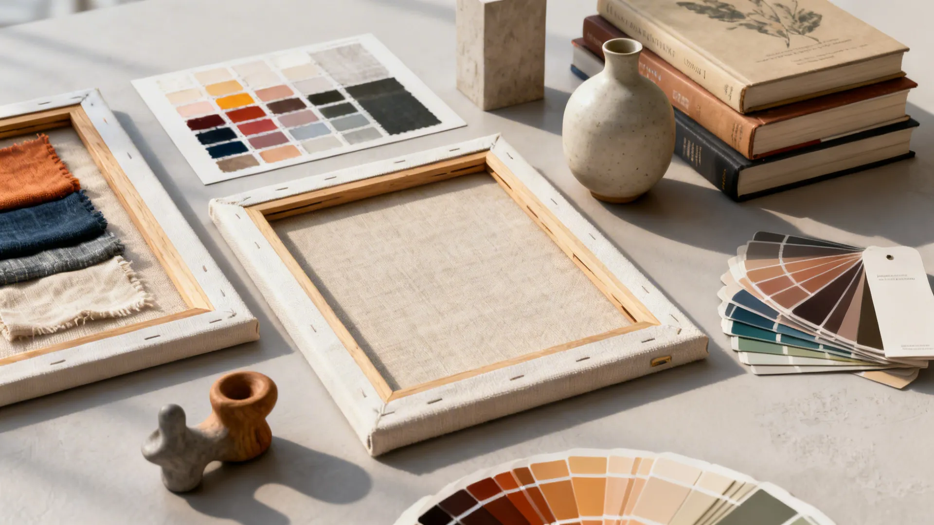Art supplies on table including canvas frames color swatches books a vase and fabric samples