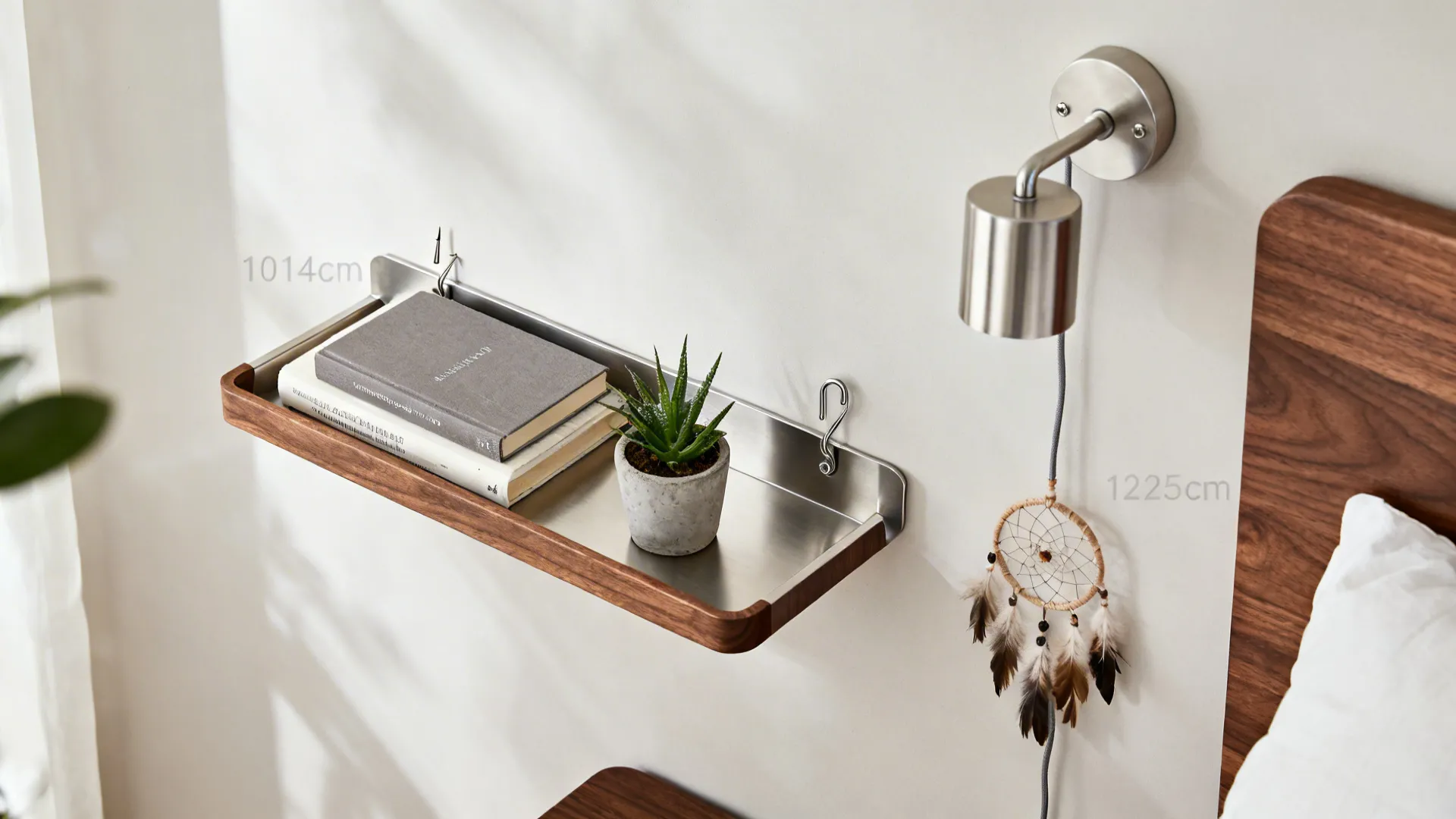Overhead neutral flat lay with a narrow tray, books, small plant, pin-hook, sconce parts, and a small dream catcher.