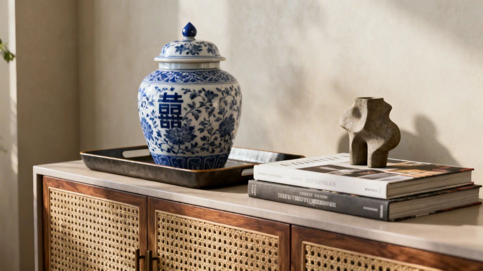 Table vignette with a medium ginger jar, tray, books, and a small sculpture arranged in varied heights.