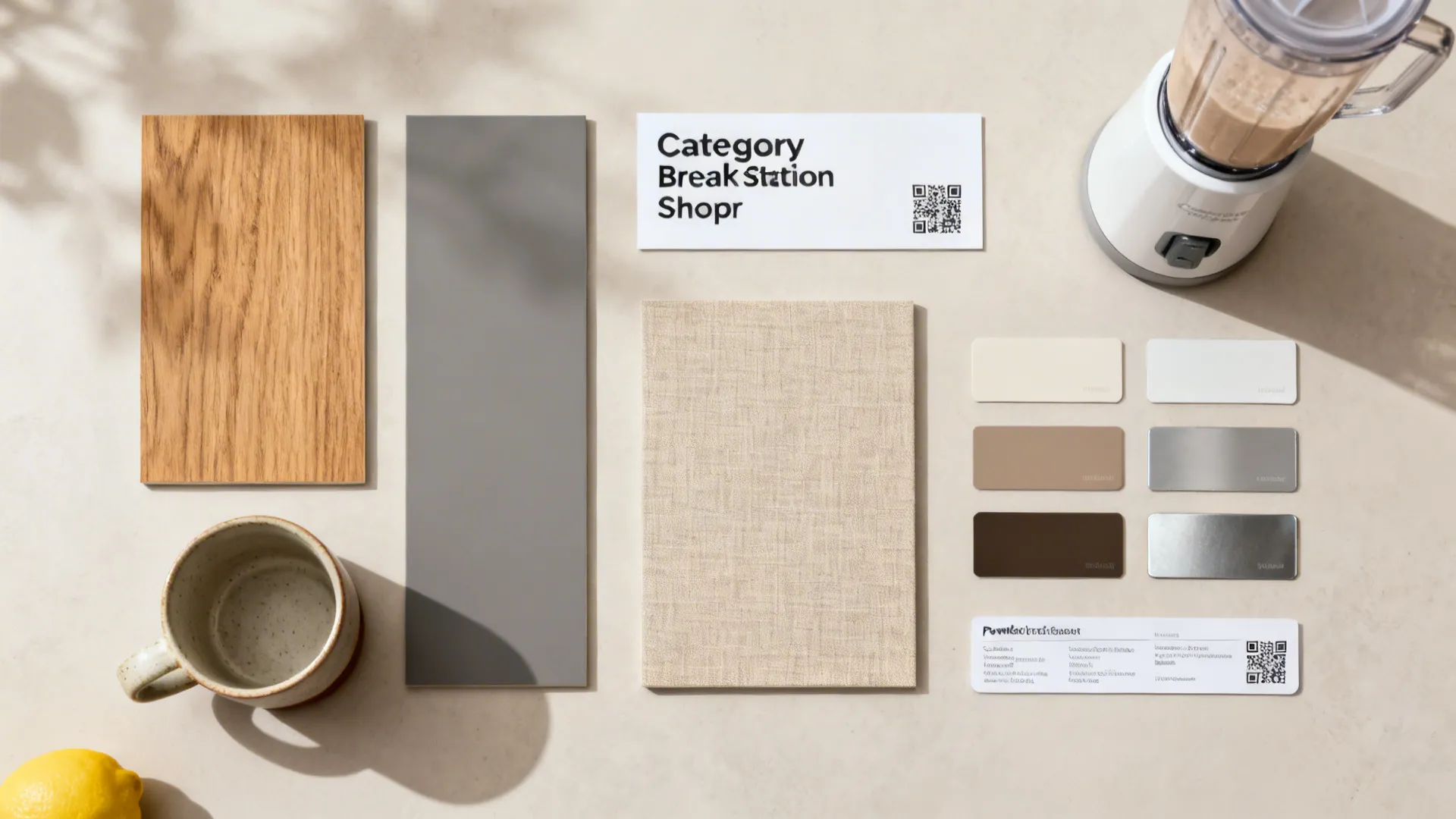 Flat lay of oak, matte laminates, linen-texture, metal chips, and clean signage cards.