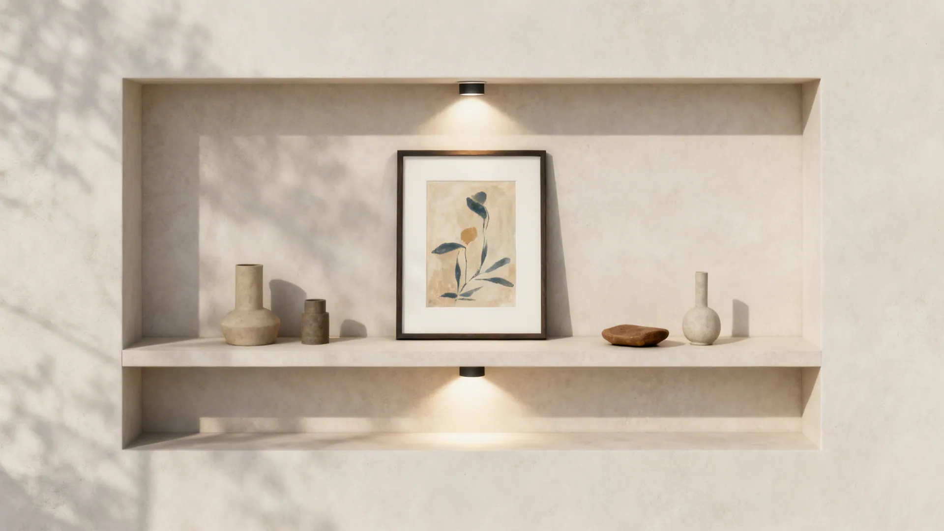 Top-down plan showing framed art centered, flanking objects, and light placement.