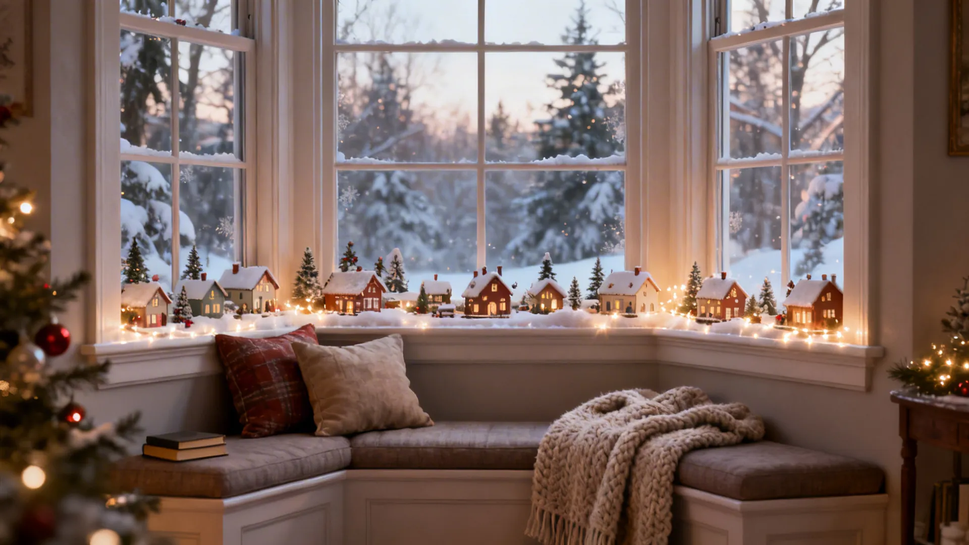 Holiday-themed bay window vignette showing a tiny winter village and an alternate cozy reading nook setup.