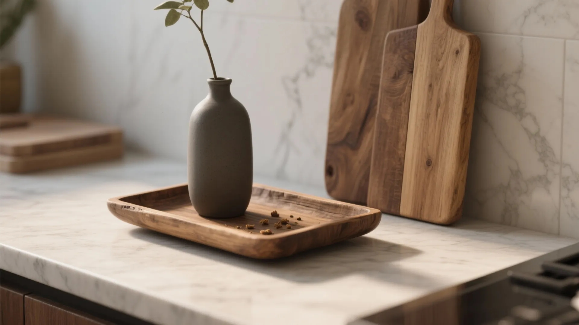 Wooden tray with small grey vase and green leaf branch on a white marble countertop