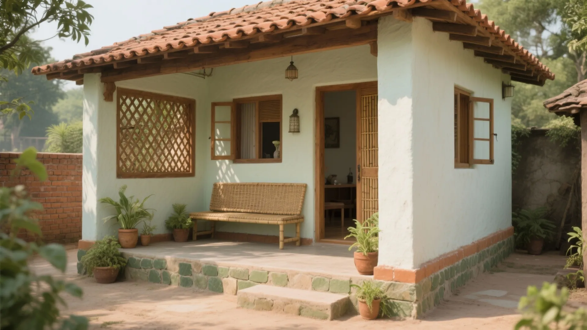Small white house with clay tile roof featuring a wooden bench and potted plants on porch