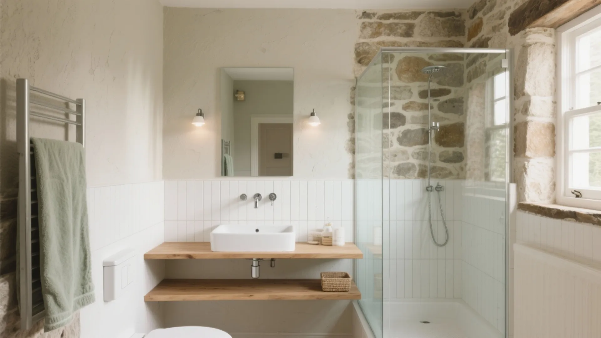 Modern bathroom showing white sink on wooden shelf glass shower door and textured stone wall