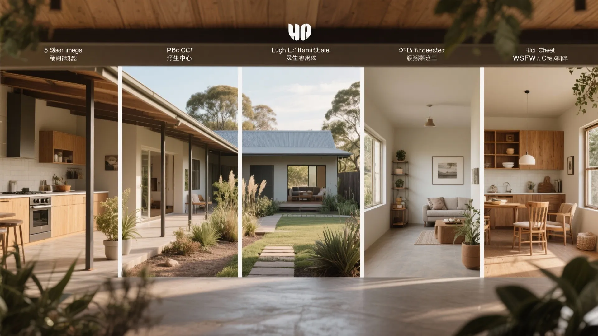Four image panels showing modern house exterior and interior rooms with wooden furniture and plants
