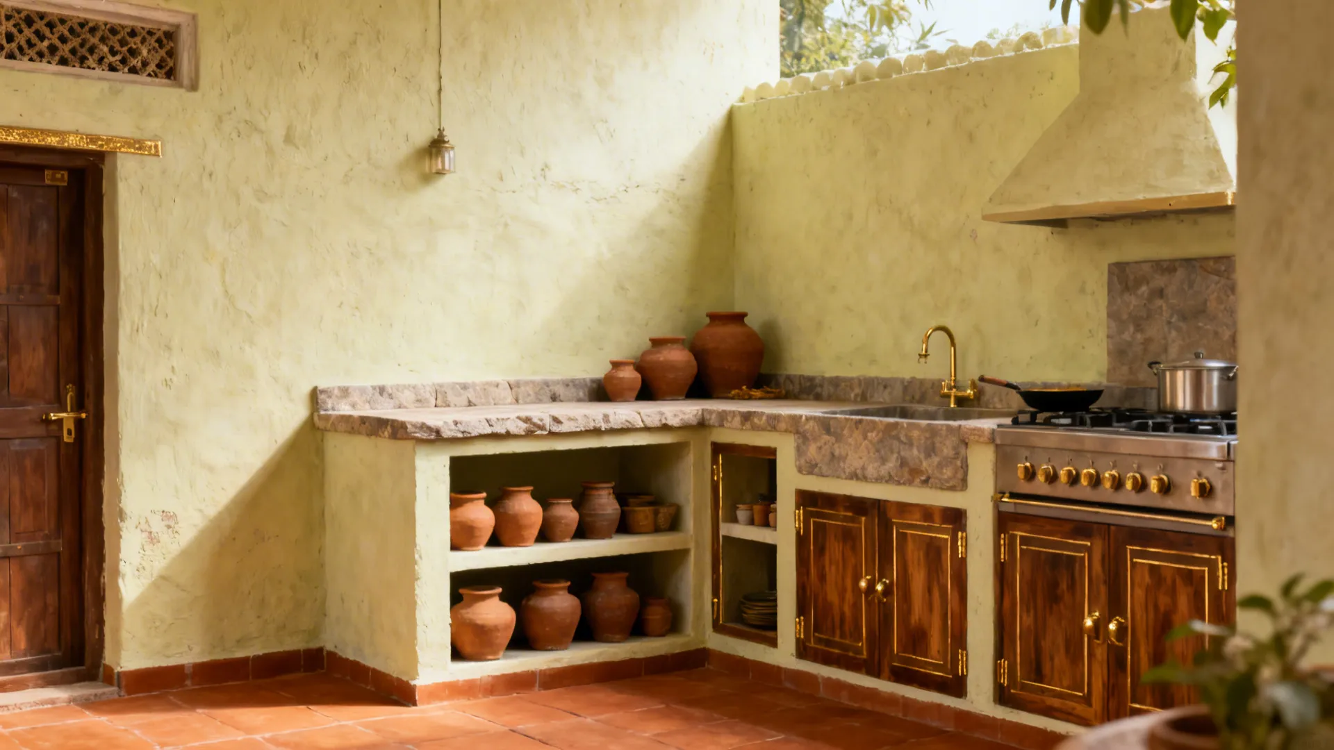 Corner vignette showing lime walls, stone counter, open shelves, terracotta floor, and wood-brass accents.