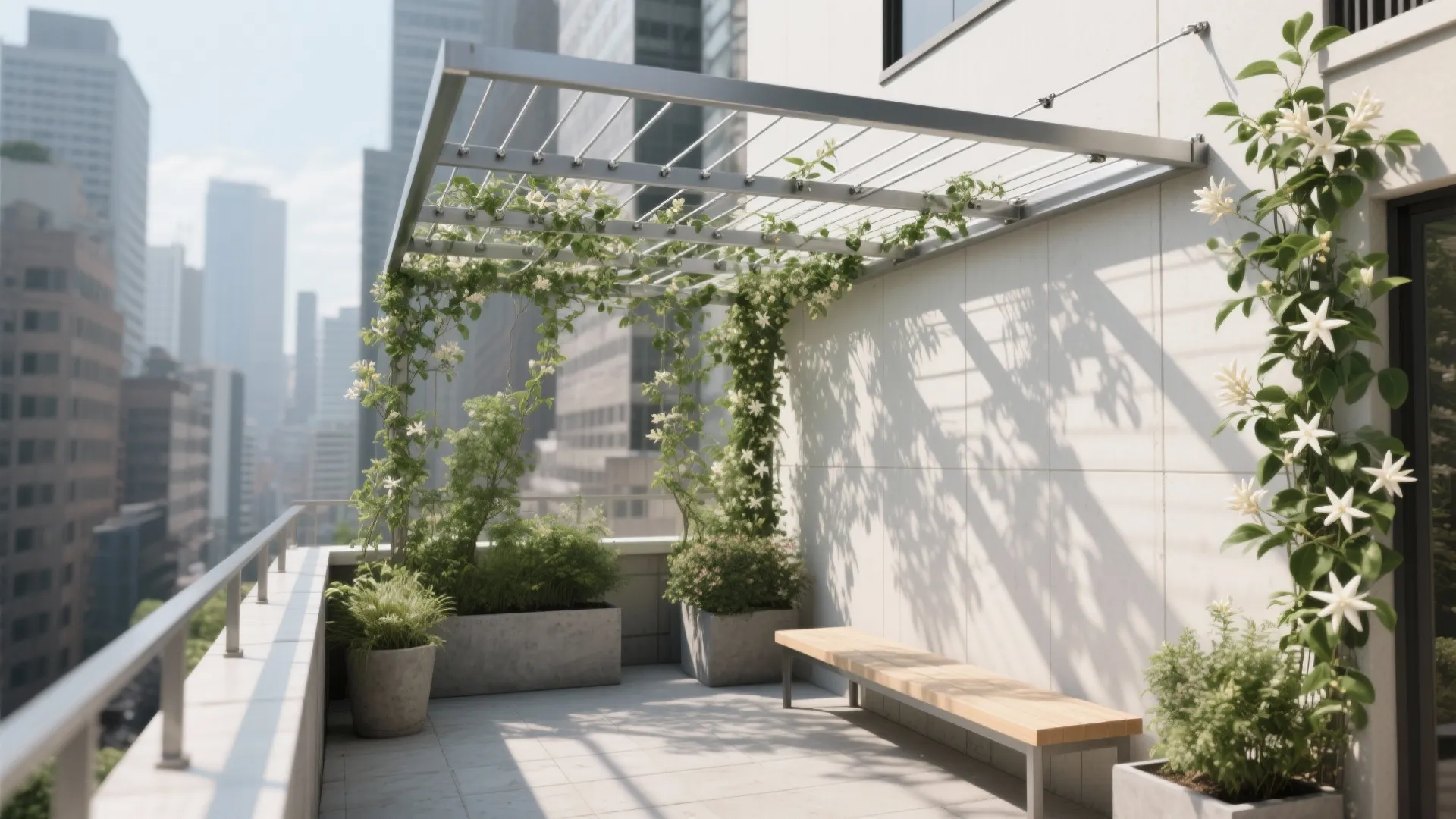 Modern apartment balcony featuring metal roof garden trellis with green climbing plants and wooden bench