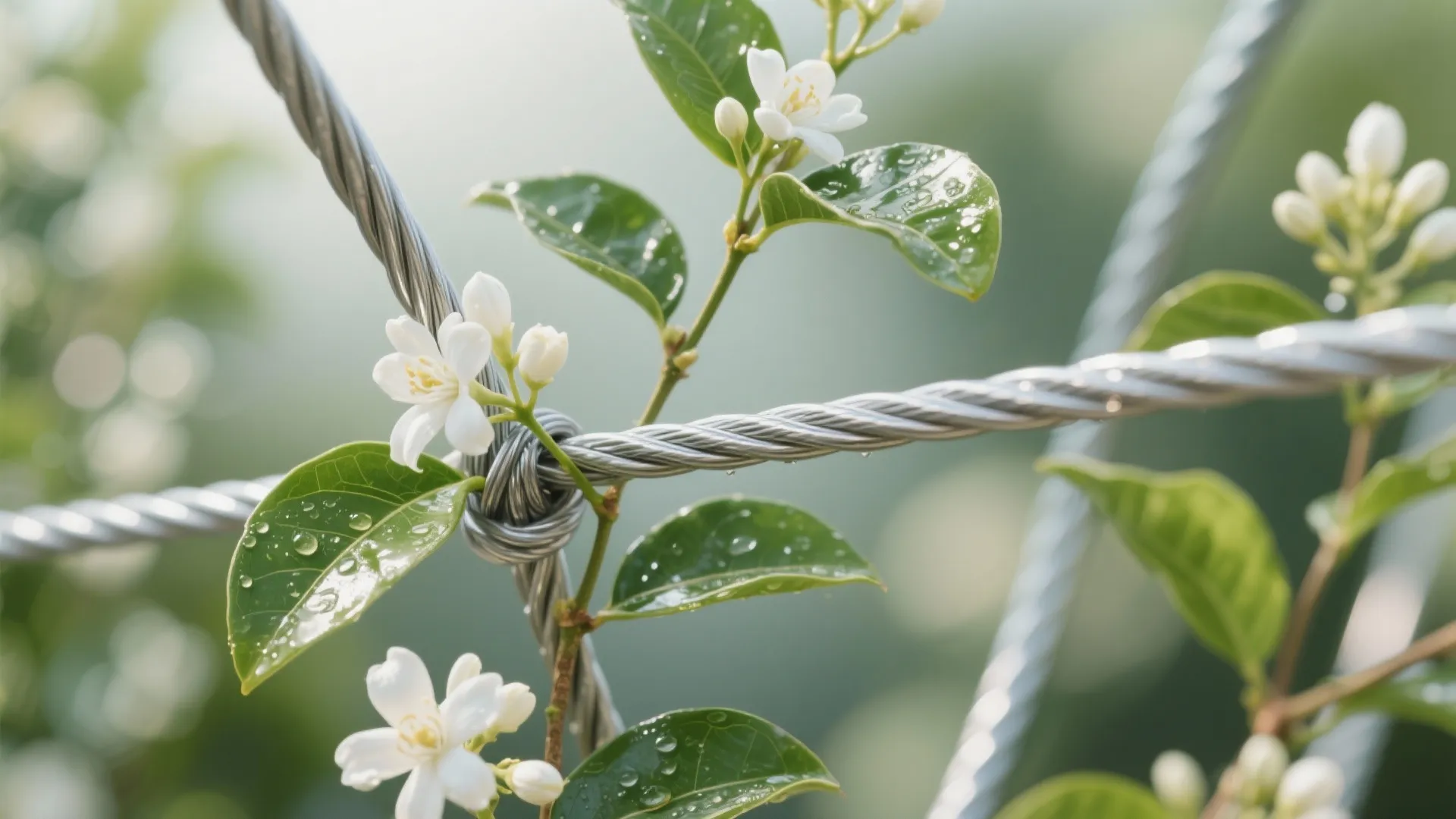 Close-up of jasmine leaves and blossoms wrapping a curved stainless cable trellis.