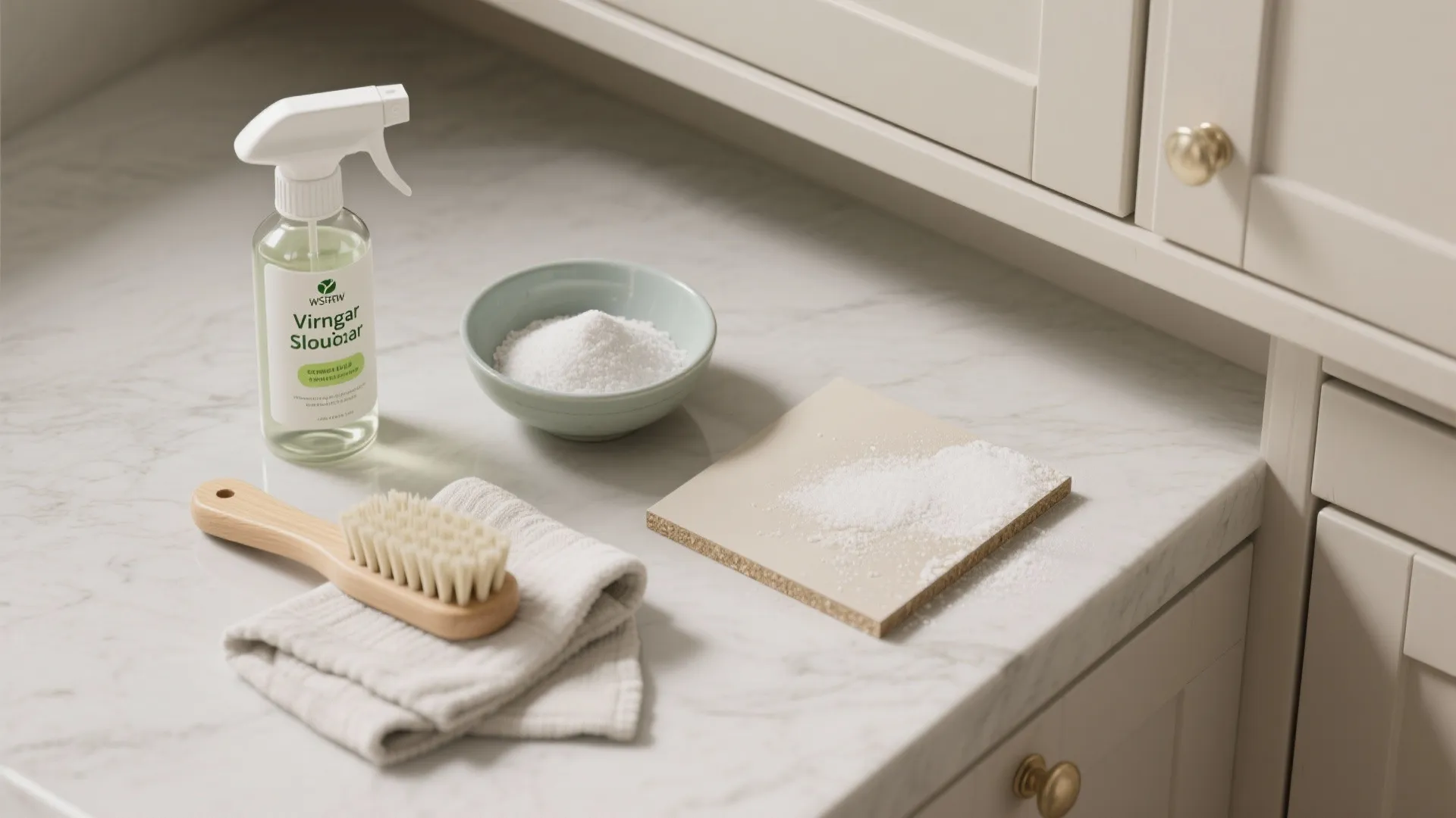 Vinegar spray bottle baking soda bowl and wooden brush on white marble kitchen countertop cleaning supplies