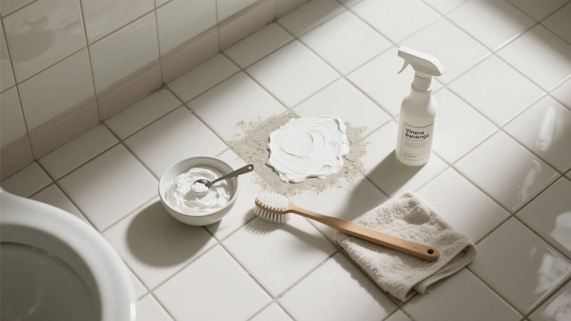 Cleaning bathroom floor tiles using white paste spray bottle wooden brush and small white towel