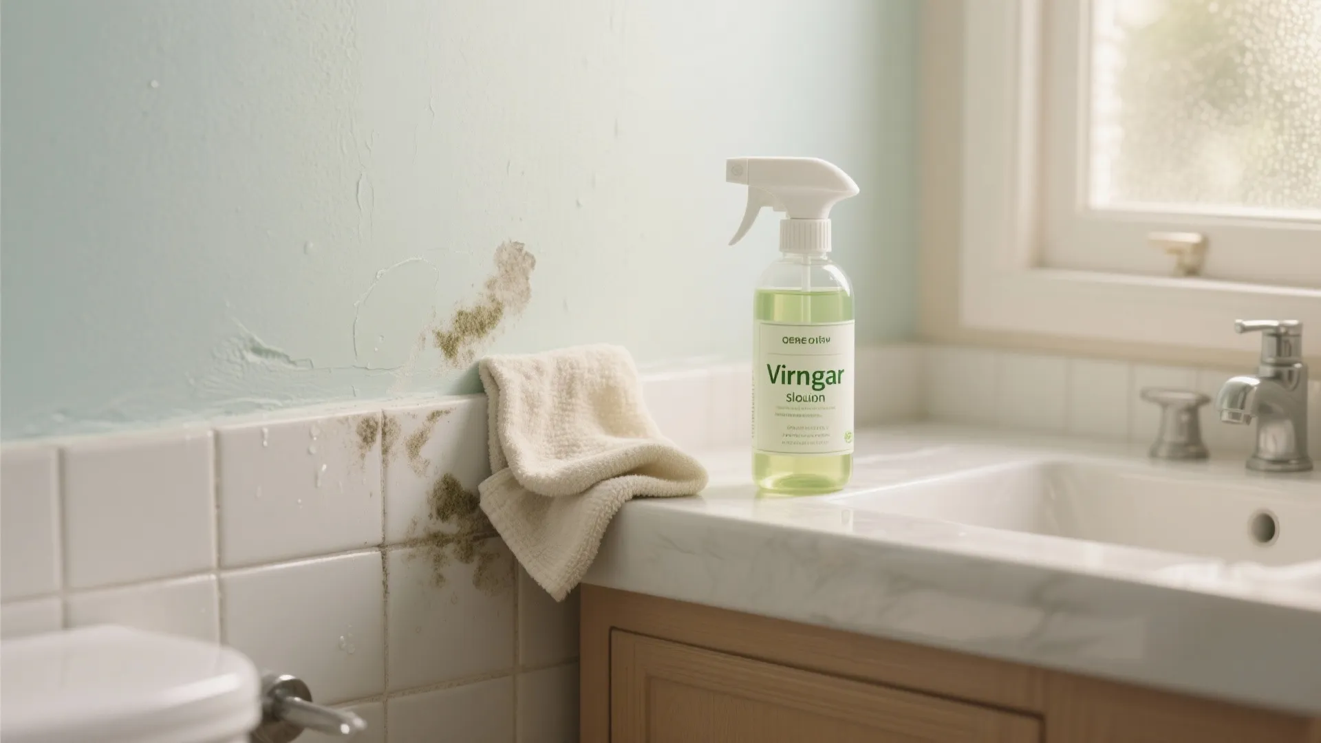 Vinegar cleaner spray bottle on bathroom counter next to white towel and moldy green tiled wall