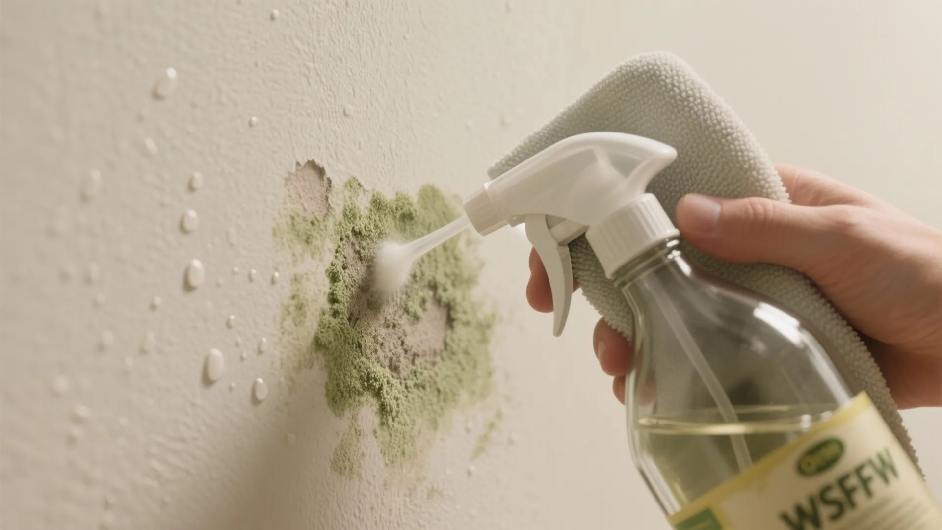 Close-up of an unlabeled spray bottle applying white vinegar to a small mould spot on painted wall while a microfiber cloth blots the area.