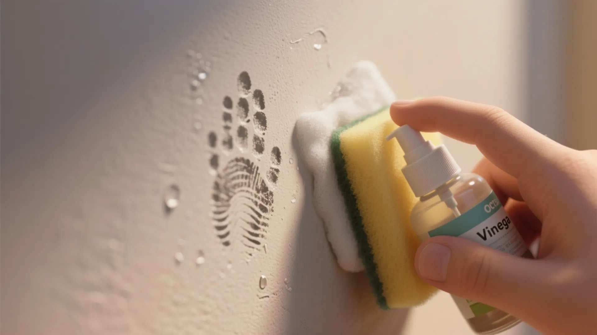 Hand spraying vinegar onto a sponge to clean a dark fingerprint stain off a white wall