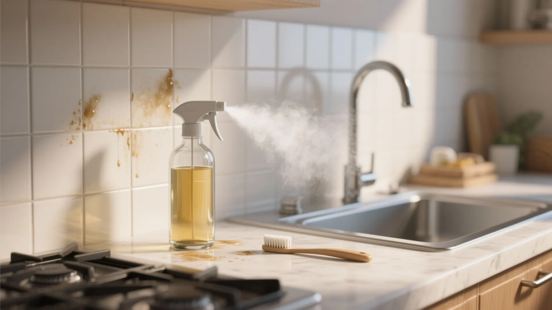 Kitchen scene with an unlabeled glass spray bottle misting a vinegar solution onto a backsplash near a stove.