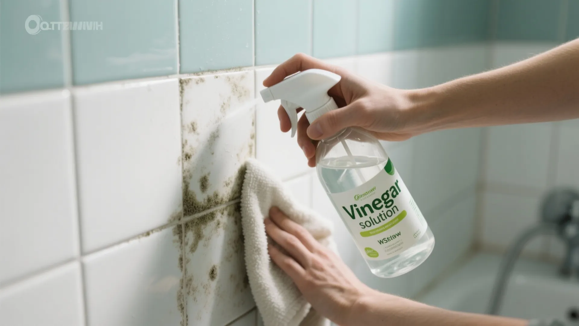 Person spraying vinegar solution on moldy bathroom wall tiles and wiping with a white cloth