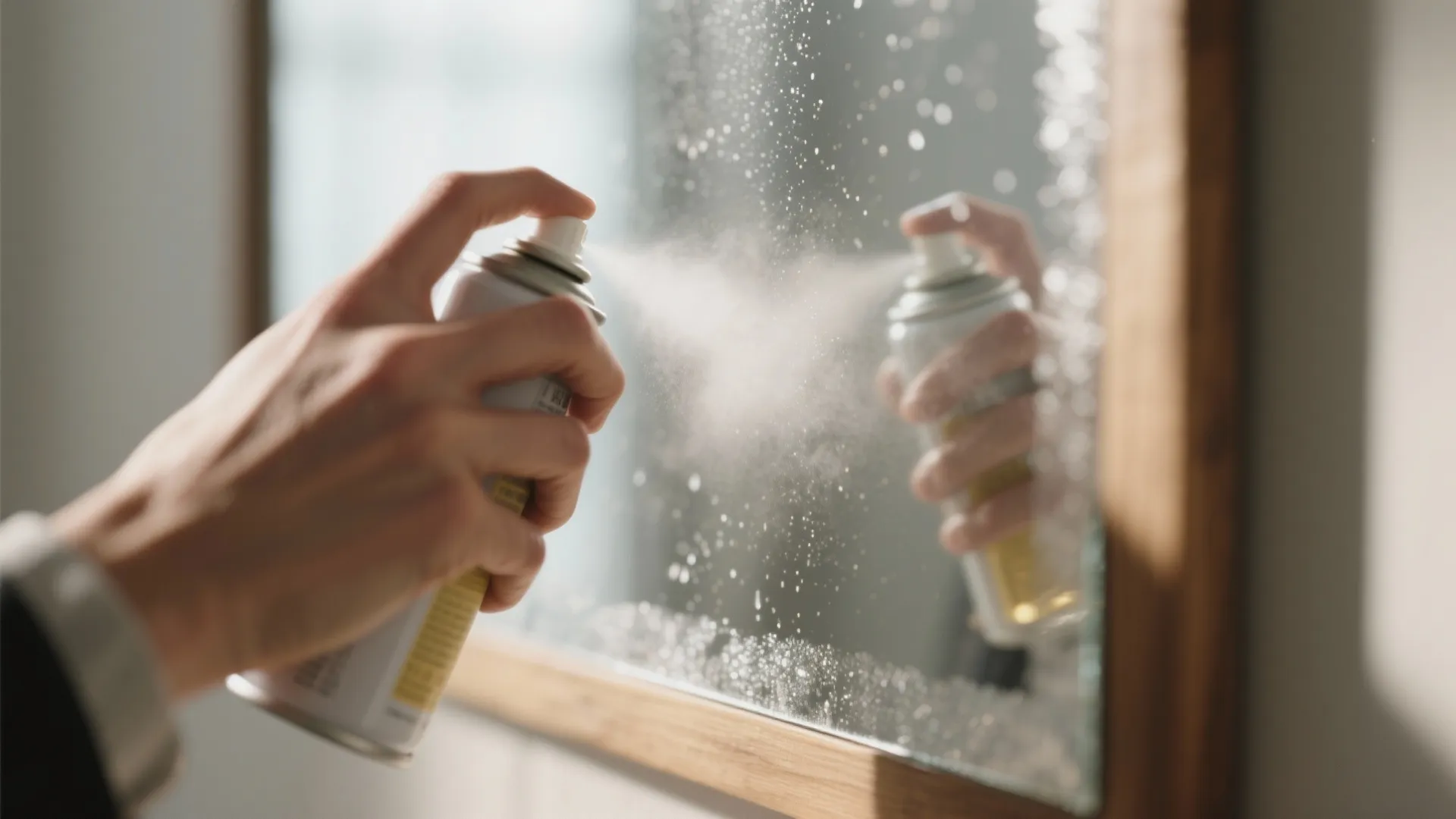 A person is spraying a liquid from a white bottle onto a wooden framed mirror