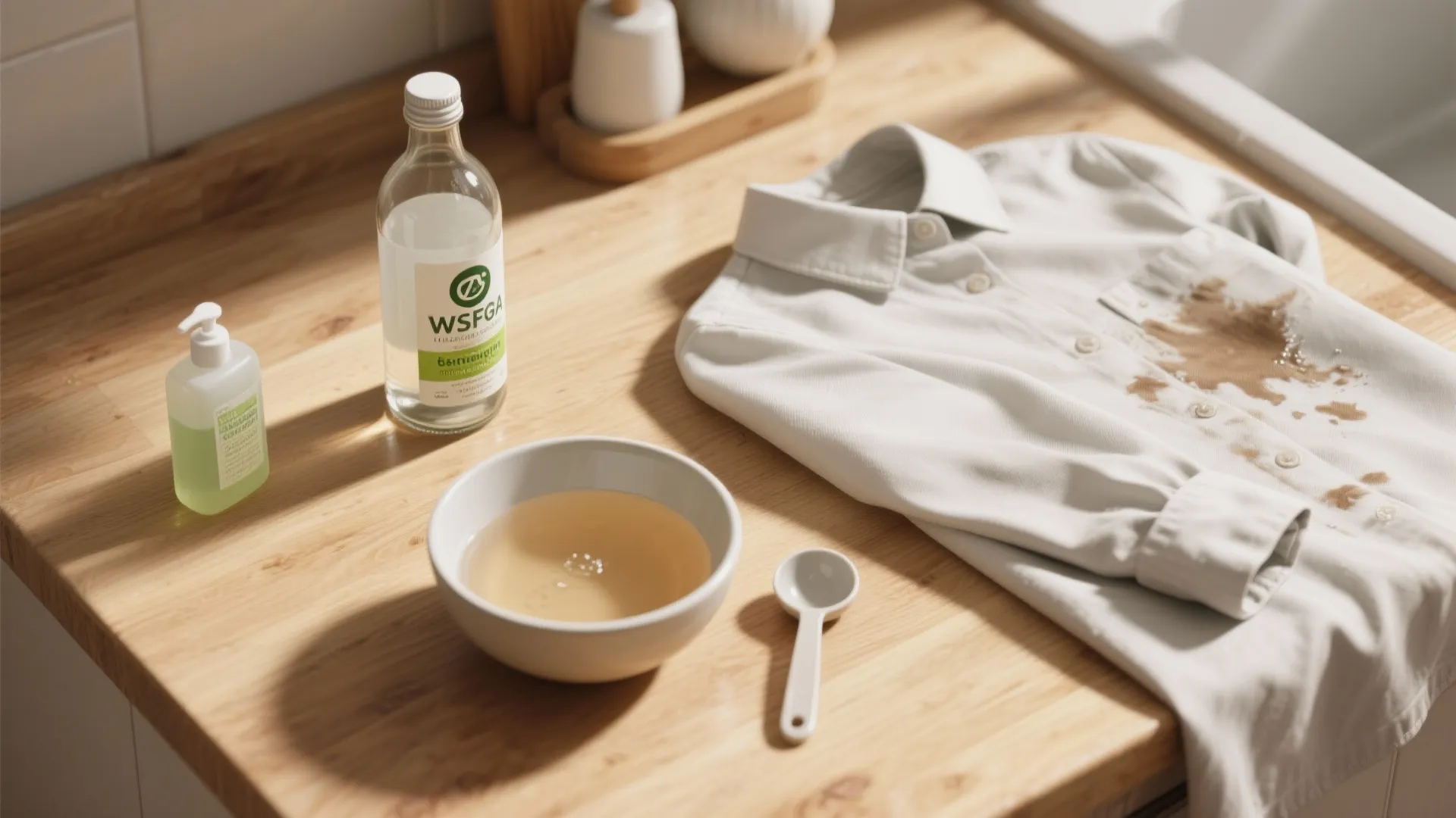 4. Vinegar + dish soap soak for set but water-based stains