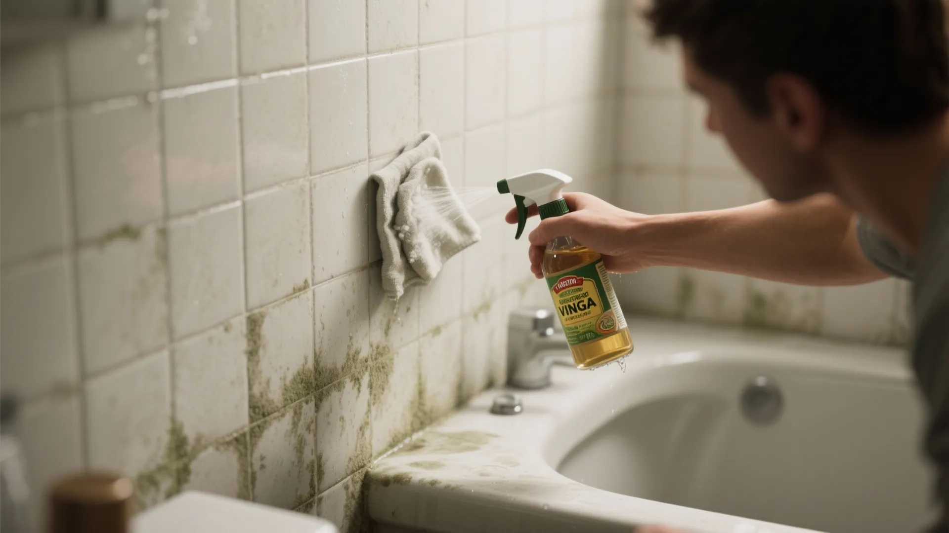 Person spraying cleaning liquid onto dirty bathroom wall tiles near a sink and white cloth