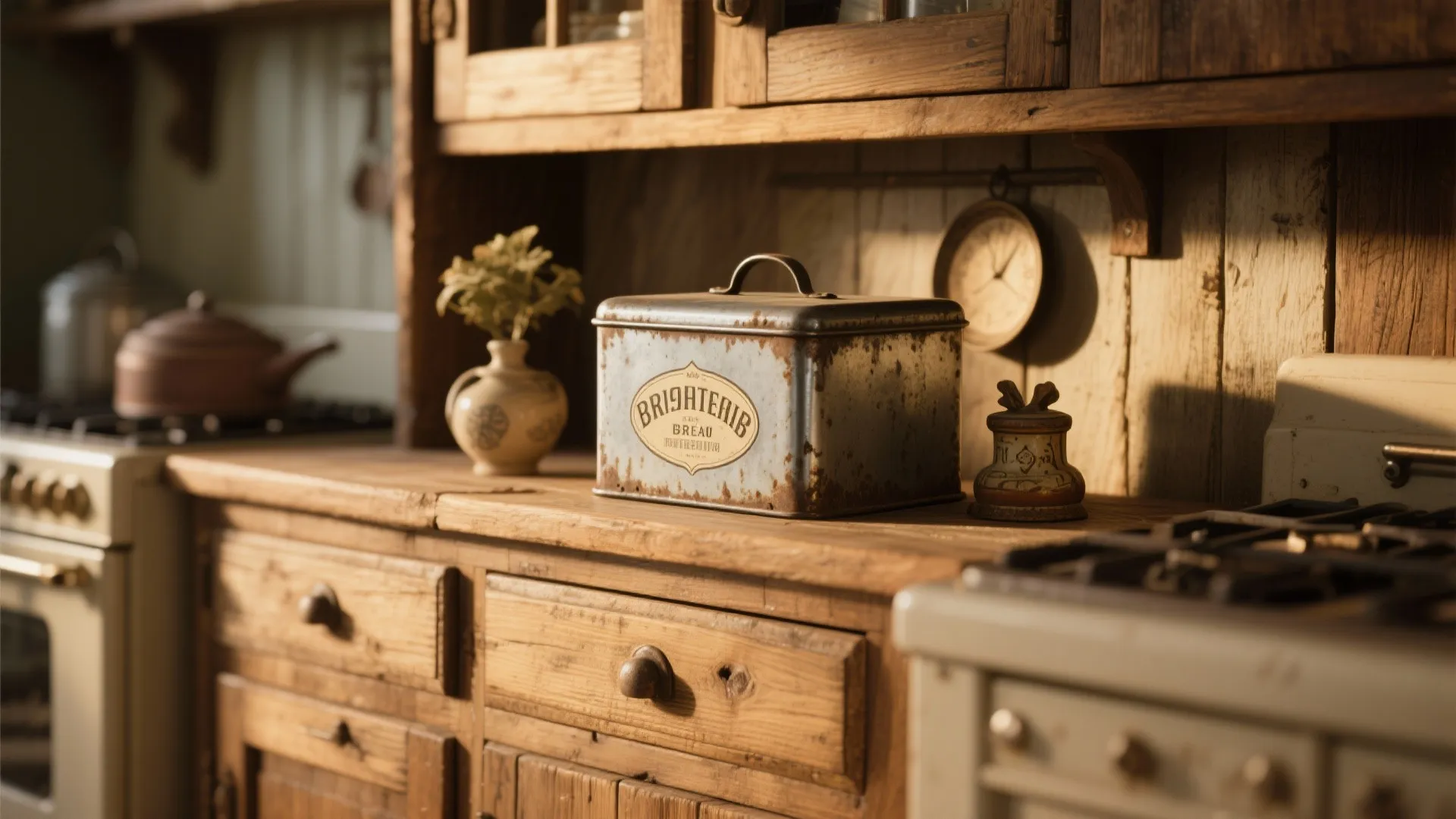 Vintage metal bread box on rustic wooden kitchen counter with drawers and a small wall clock