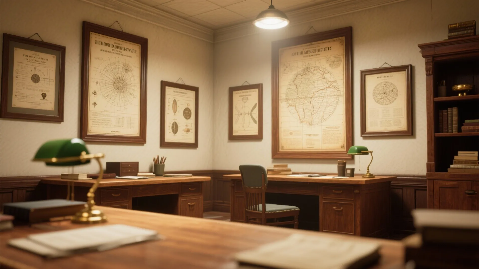 Classic home office with wooden desks green table lamps and vintage maps hanging on walls