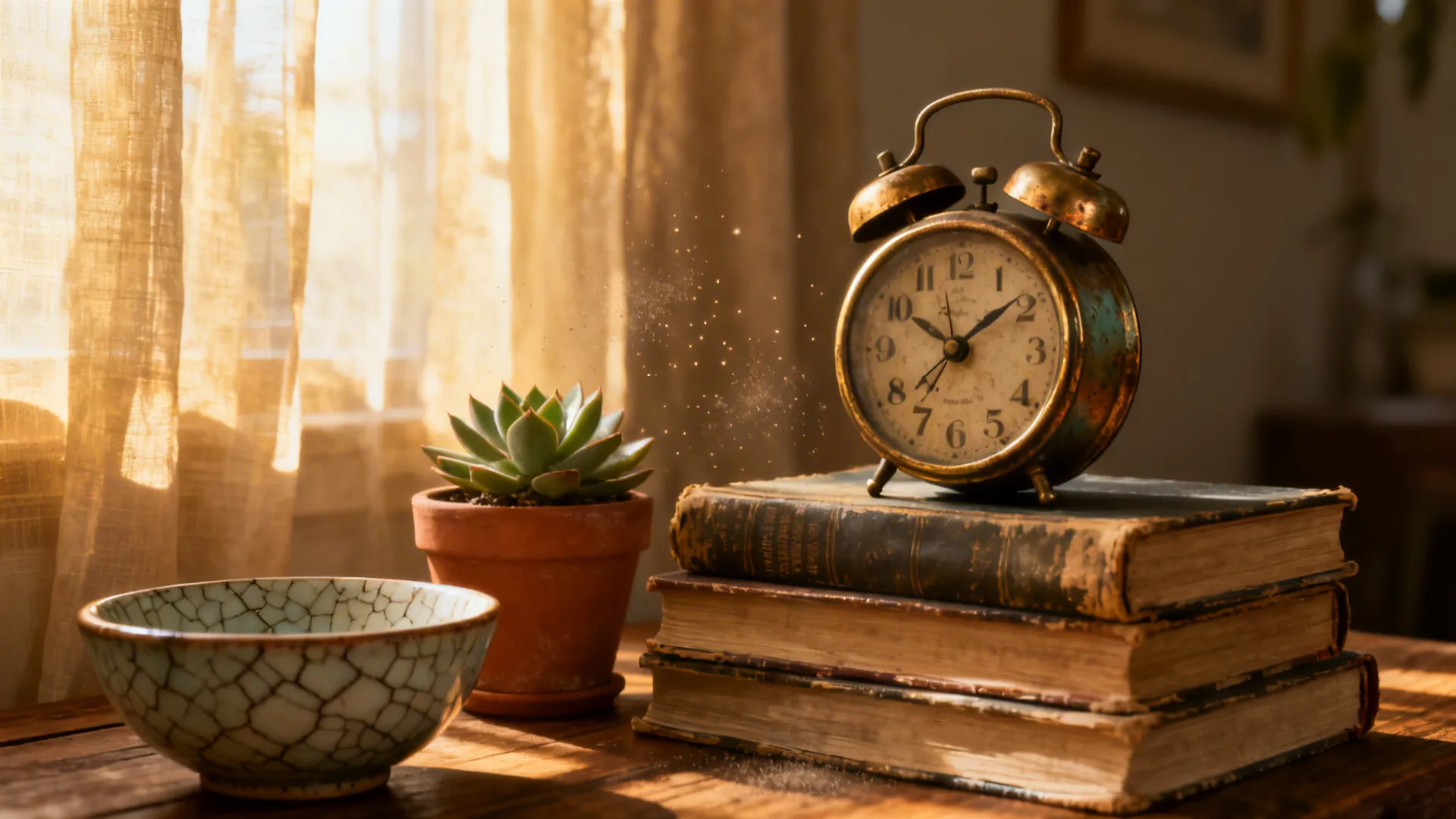 Vintage alarm clock styled on a coffee table with books and a small plant.