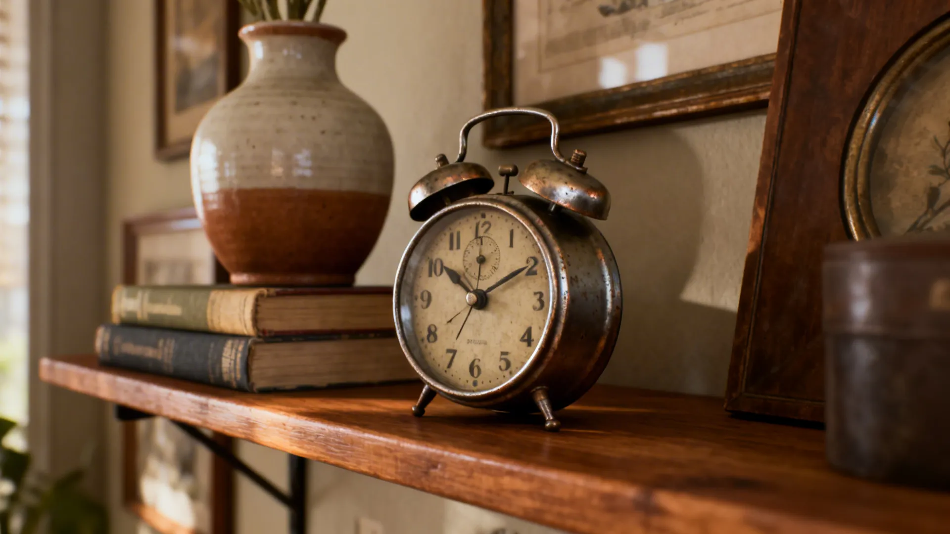 Old metal alarm clock on a wooden shelf with books a vase and picture frames