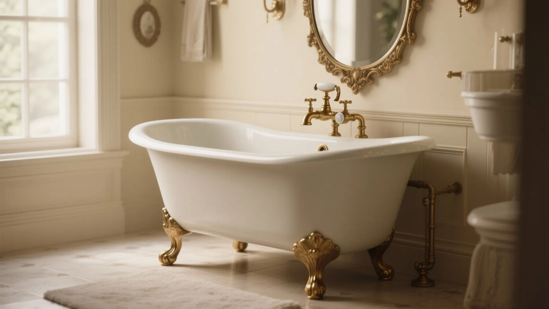 Classic white clawfoot bathtub with gold hardware and gold mirror in a cream colored bathroom