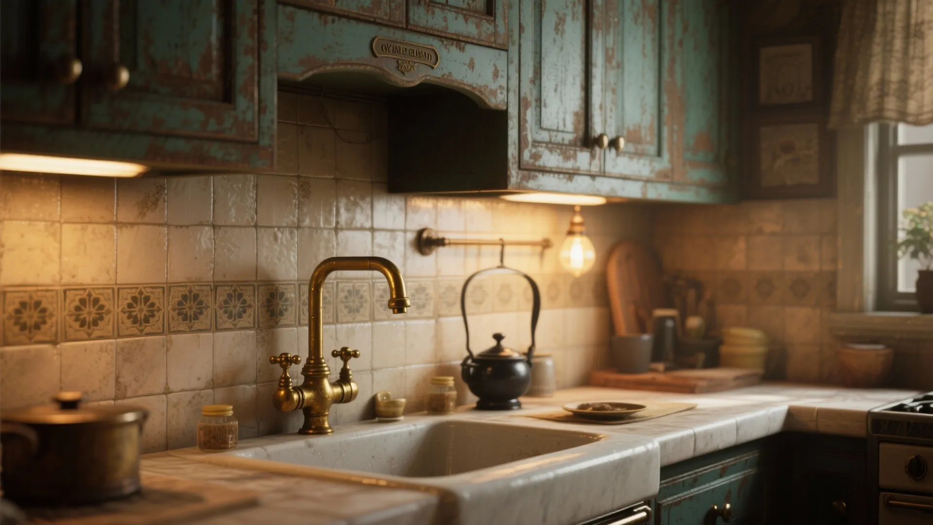 4. Vintage Vibes: Antique Gold with Aged Black Fixtures