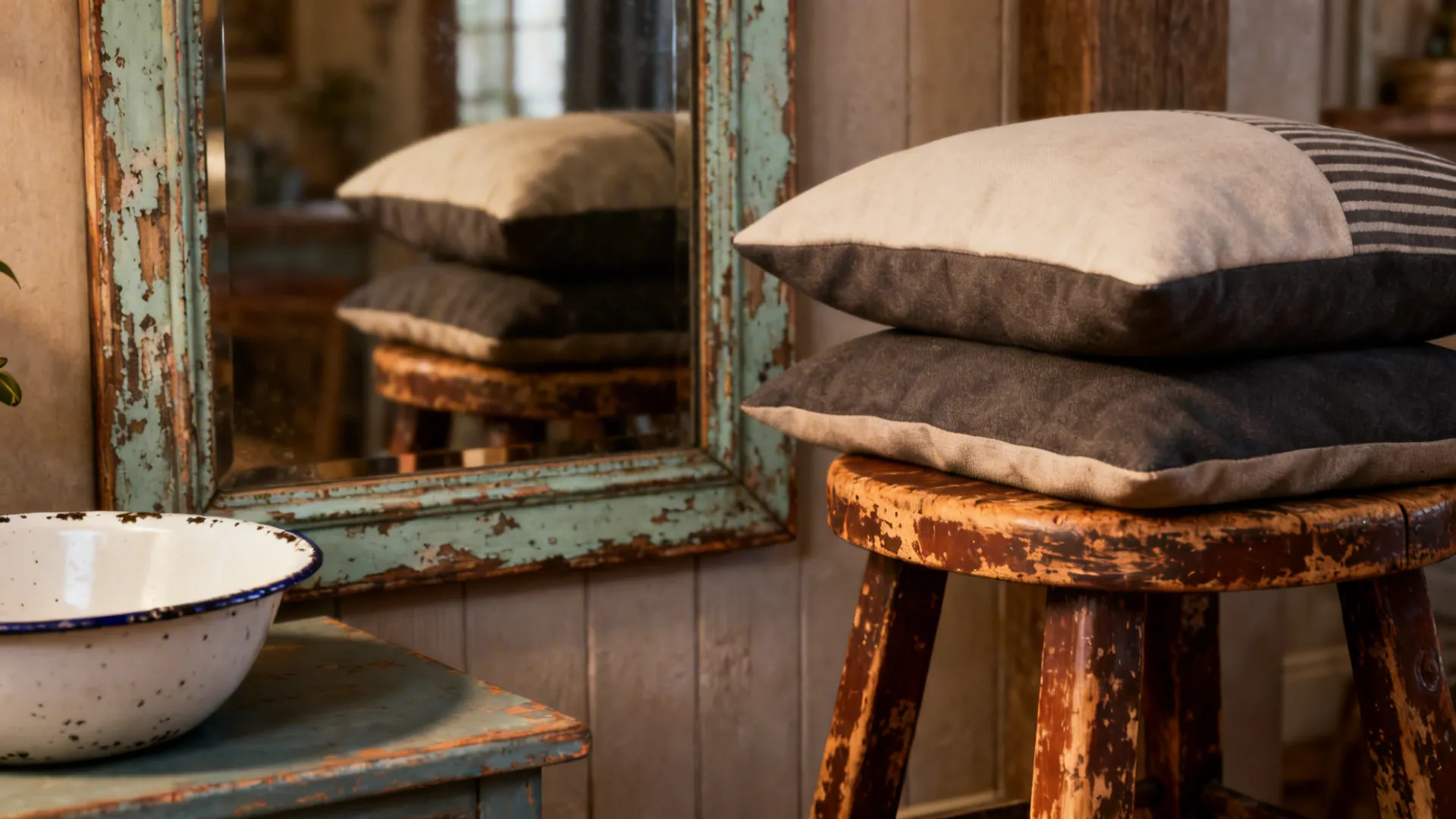 Distressed mirror, enamel basin and antique stool styled with modern cushion
