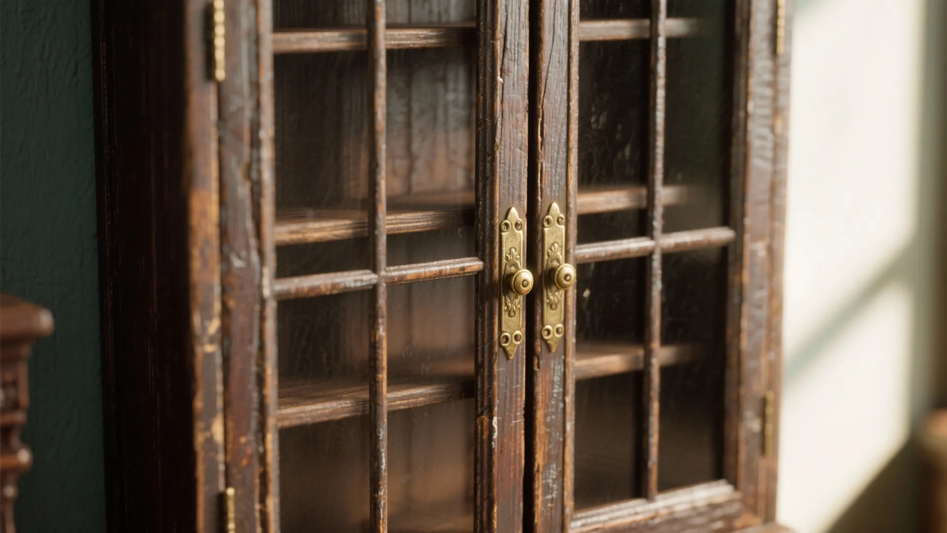 Close up of a vintage dark wood cabinet with glass doors and brass metal handles