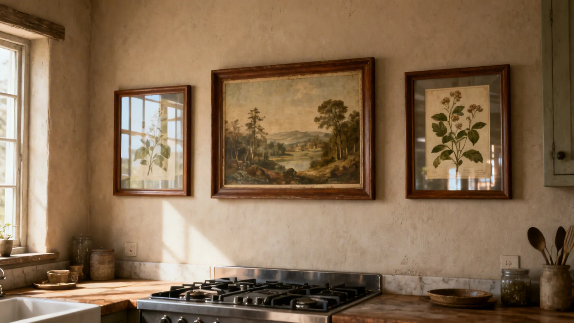 Walnut-framed vintage landscape and botanical prints create a warm rustic gallery wall.