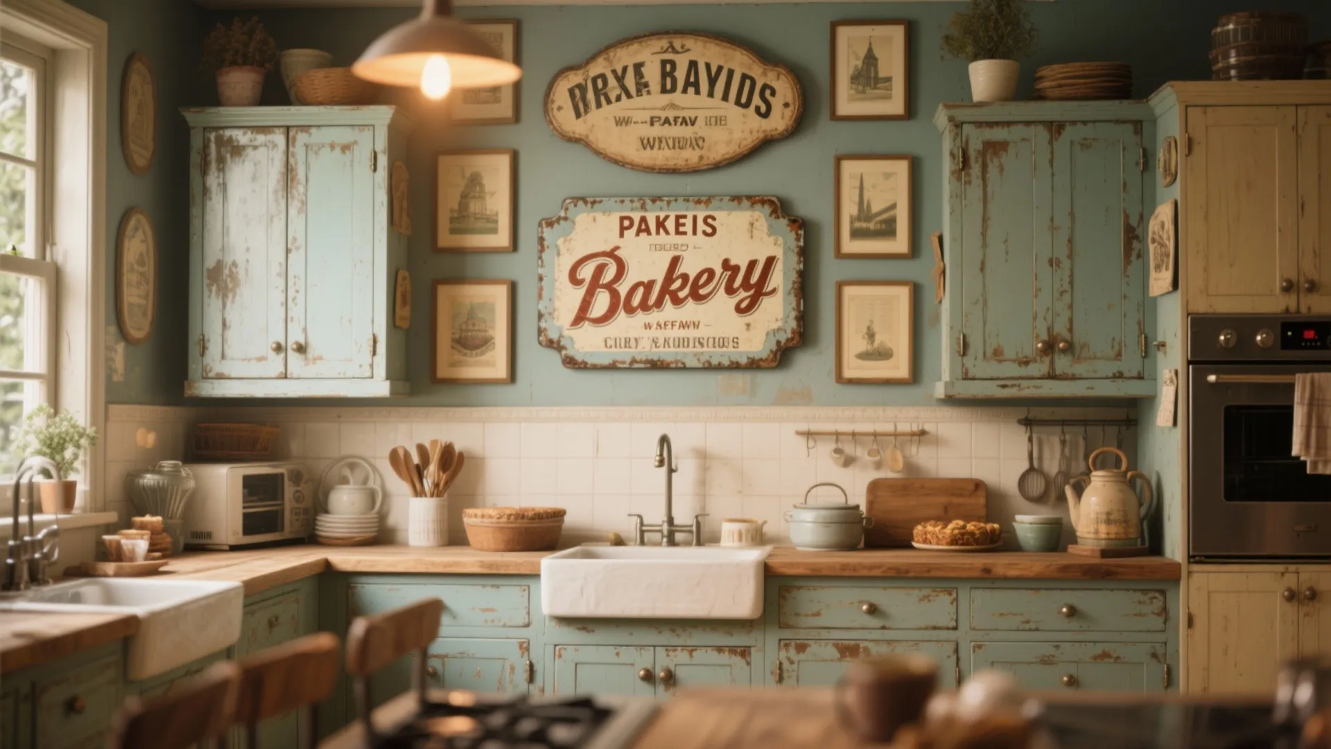 Vintage kitchen with blue cabinets bakery signs wooden counters a white sink and hanging lights