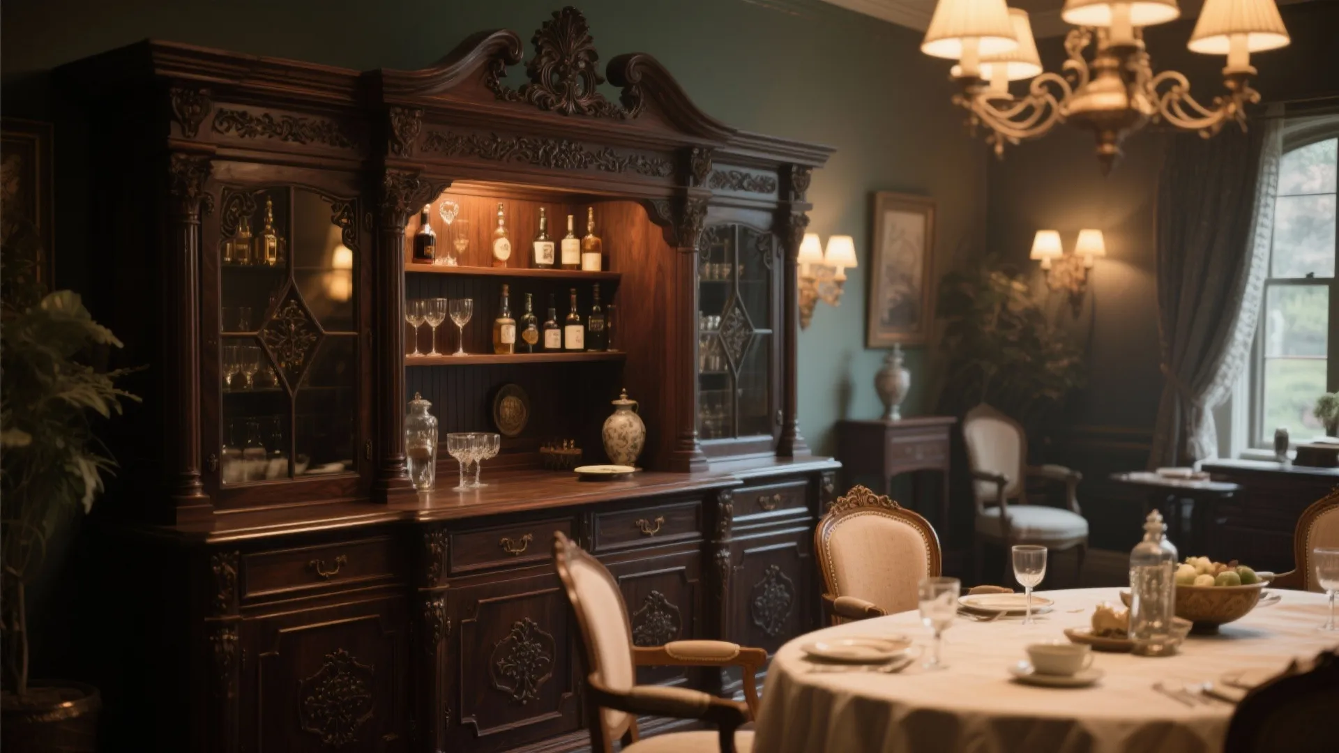 Classic wooden cabinet in a formal dining room with ceiling light and table setting display