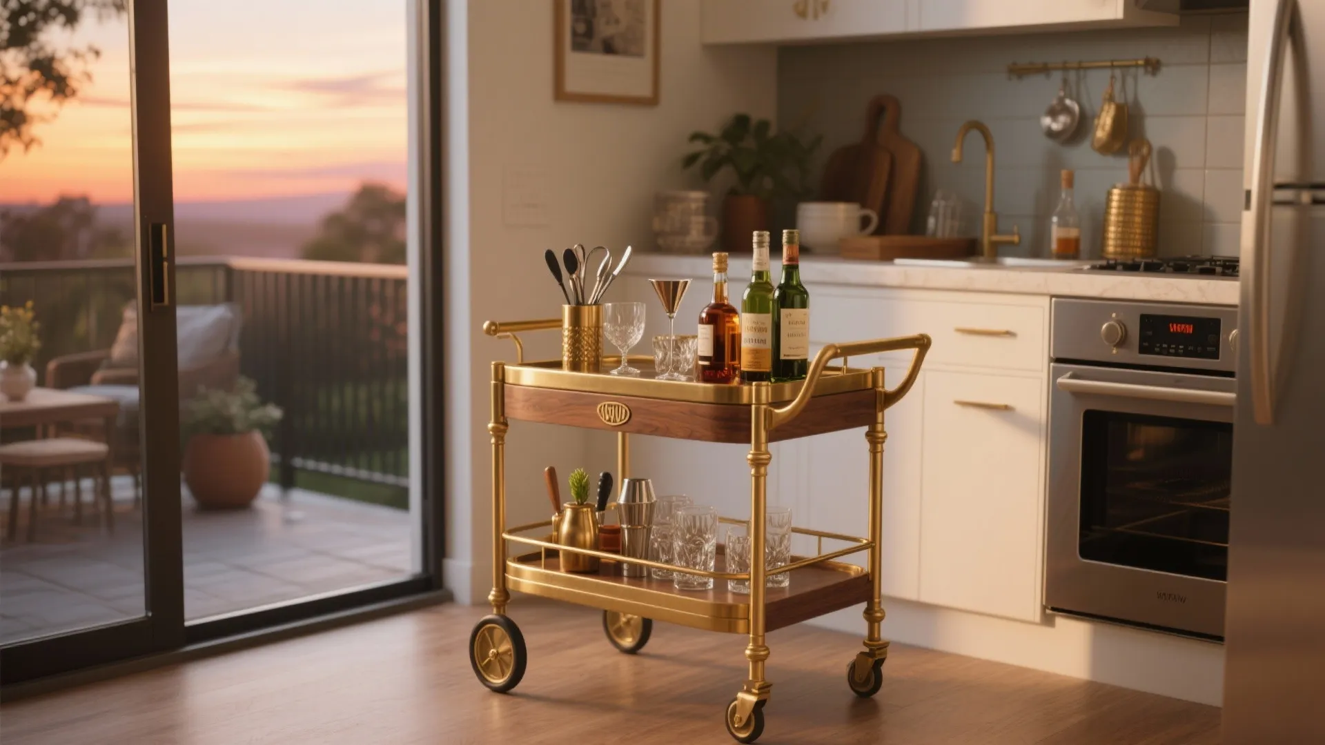 Gold bar cart with wine bottles and glasses in a modern kitchen with natural light