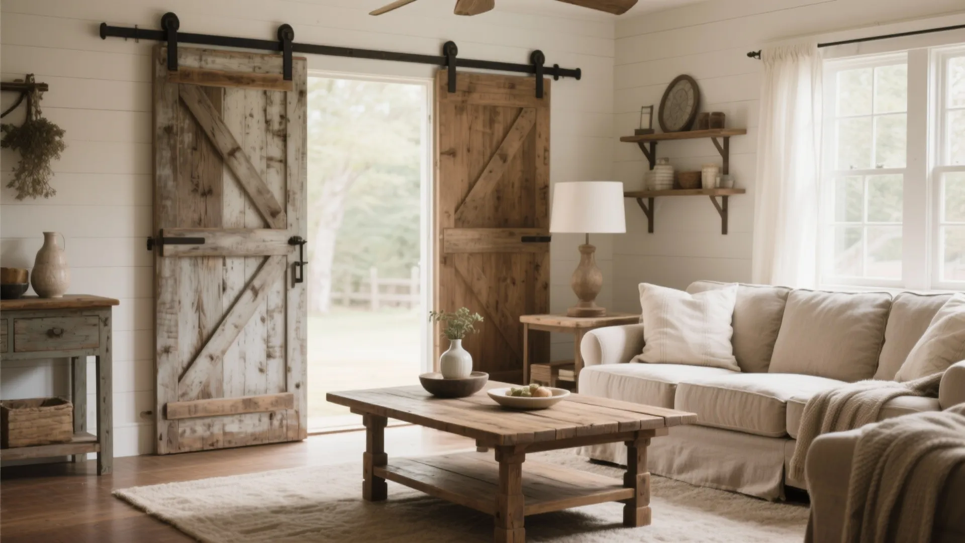 Vintage barn door converted into a farmhouse coffee table