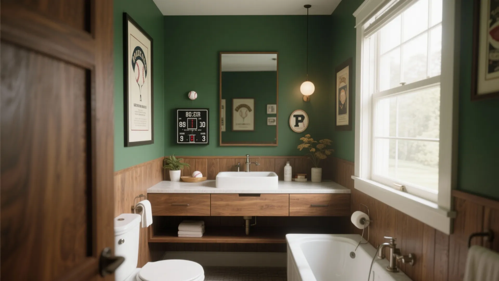 Vintage style bathroom with dark green walls wood wall panels baseball posters and white sink