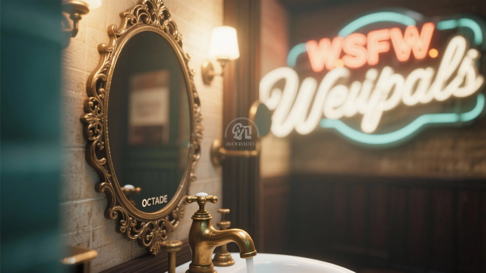 Vintage bathroom design with ornate gold mirror brass faucet small wall light and neon wall sign