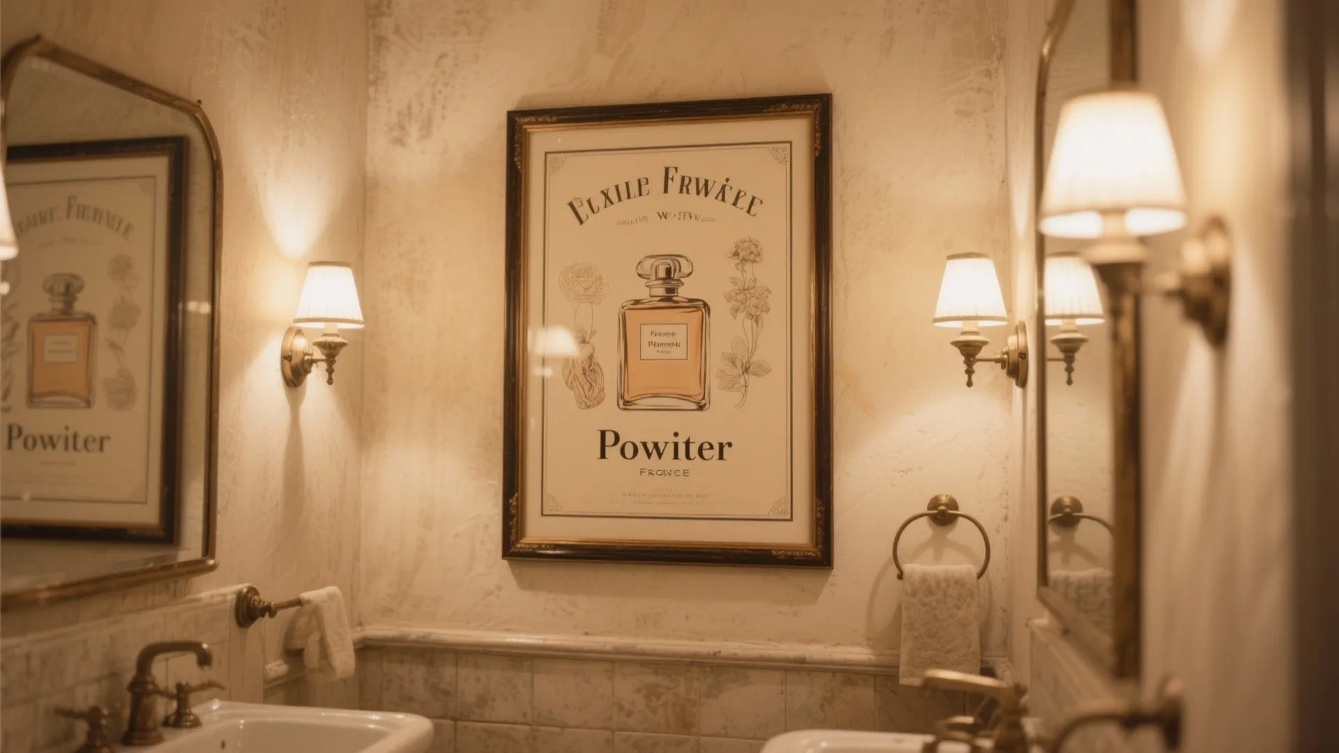 Vintage bathroom decor with framed perfume poster flanked by two warm wall lights and mirrors