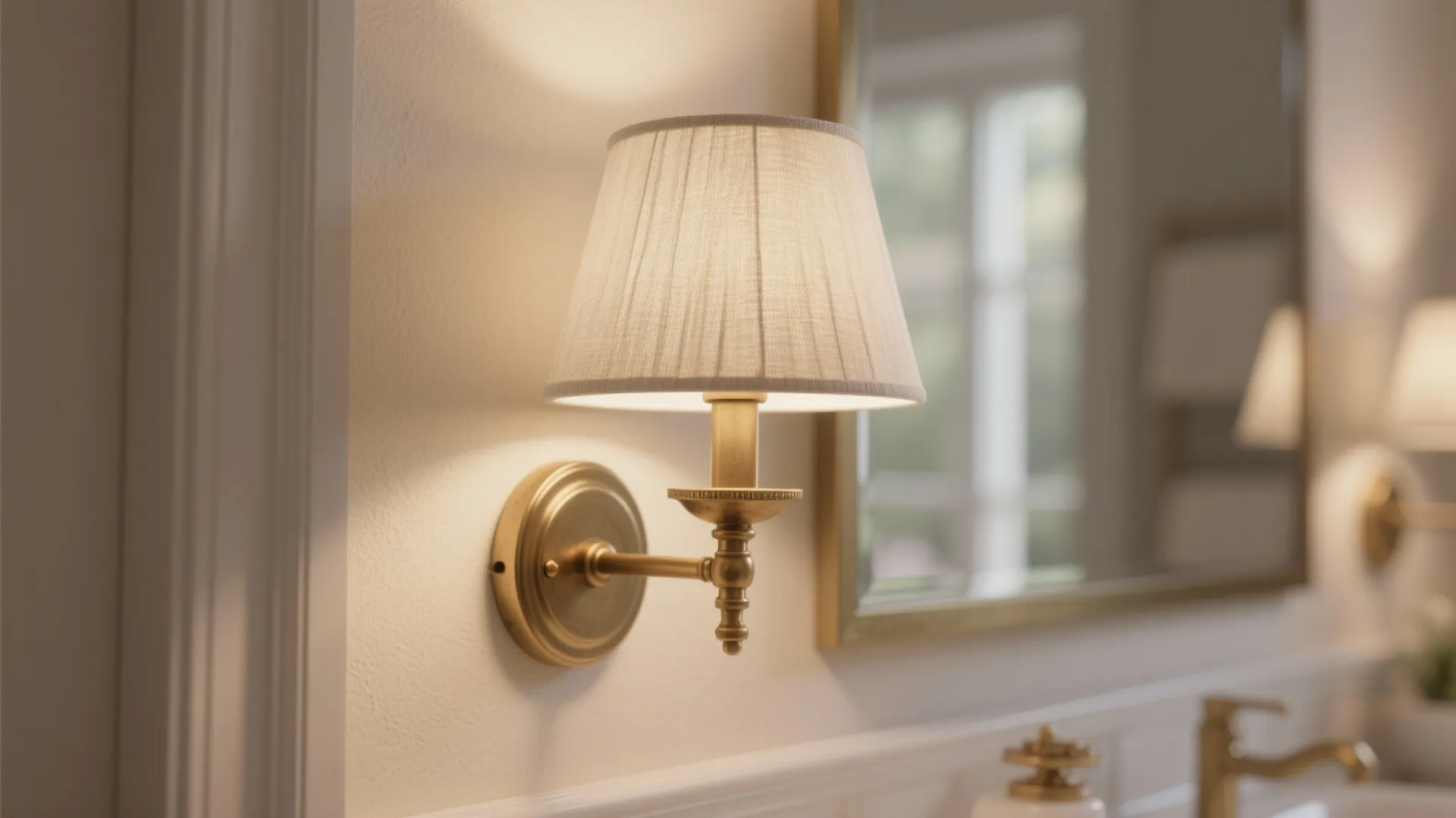 Vintage brass wall light with white fabric shade mounted next to a bathroom vanity mirror