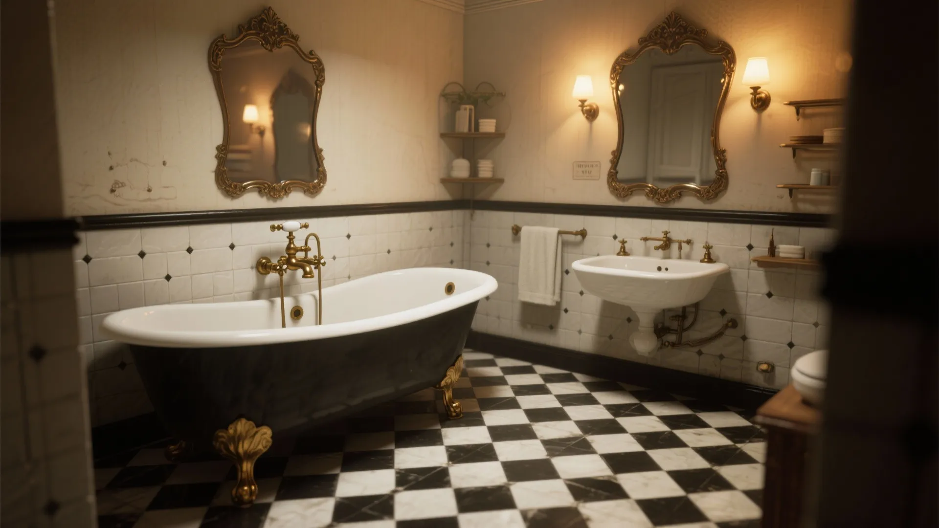 Classic vintage bathroom featuring black clawfoot bathtub checkered floor tiles ornate gold mirrors and wall lights