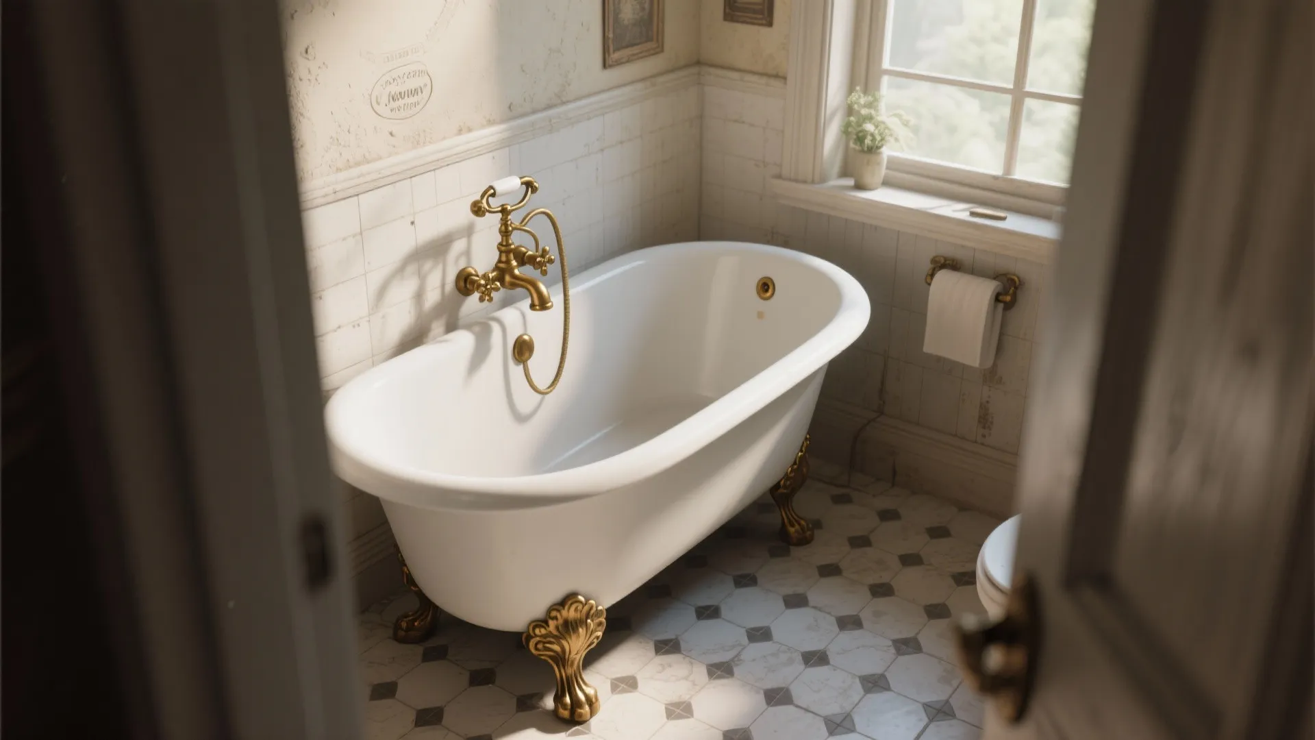 Vintage bathroom with white bathtub gold water tap tiled floor patterned wallpaper and a small window
