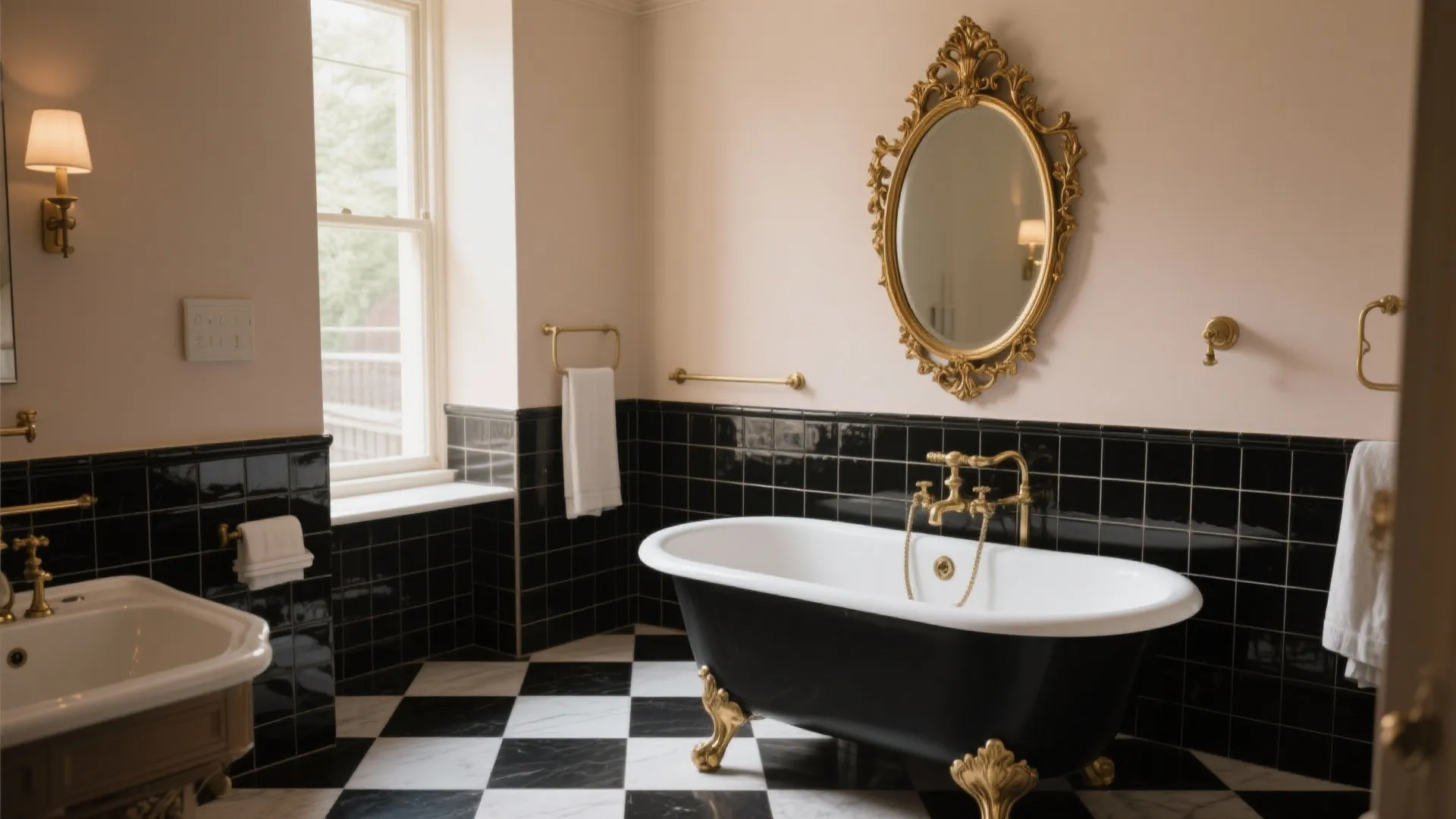 Classic bathroom featuring black bathtub with gold feet ornate mirror and checkered black white floor