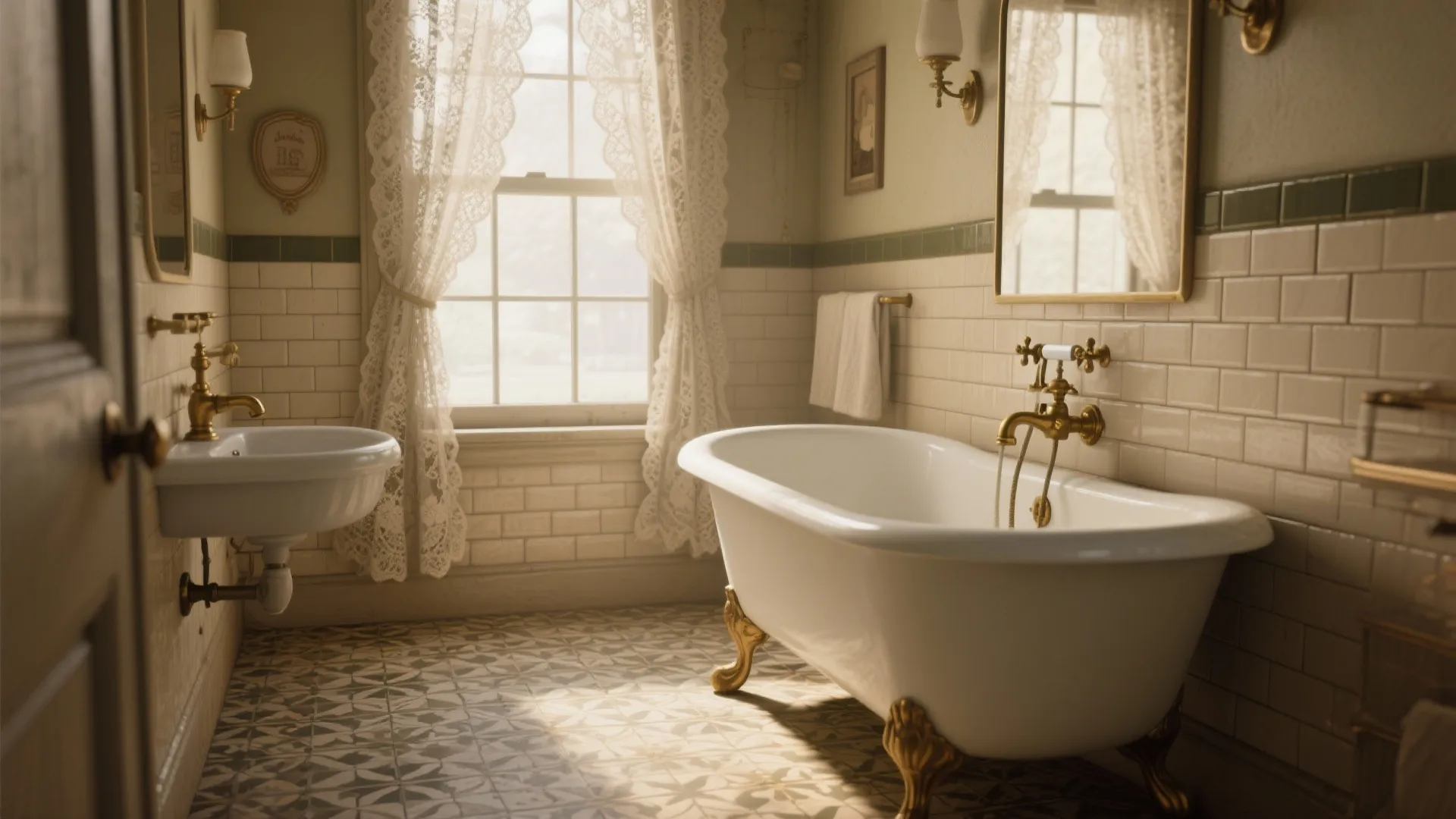 Vintage bathroom with a white bathtub gold legs white sink tiled walls and lace curtains